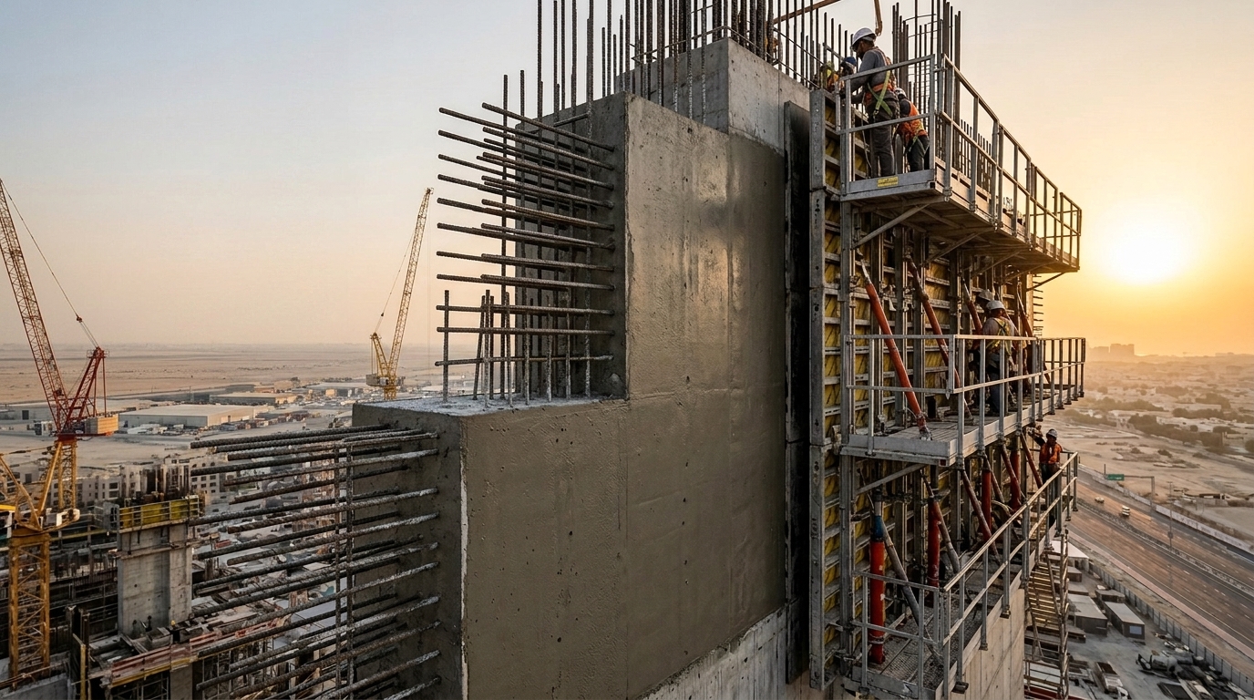 Coulage du noyau en béton armé au sommet d'une tour en construction : coffrage grimpant, armatures en attente et compagnons au coucher du soleil
