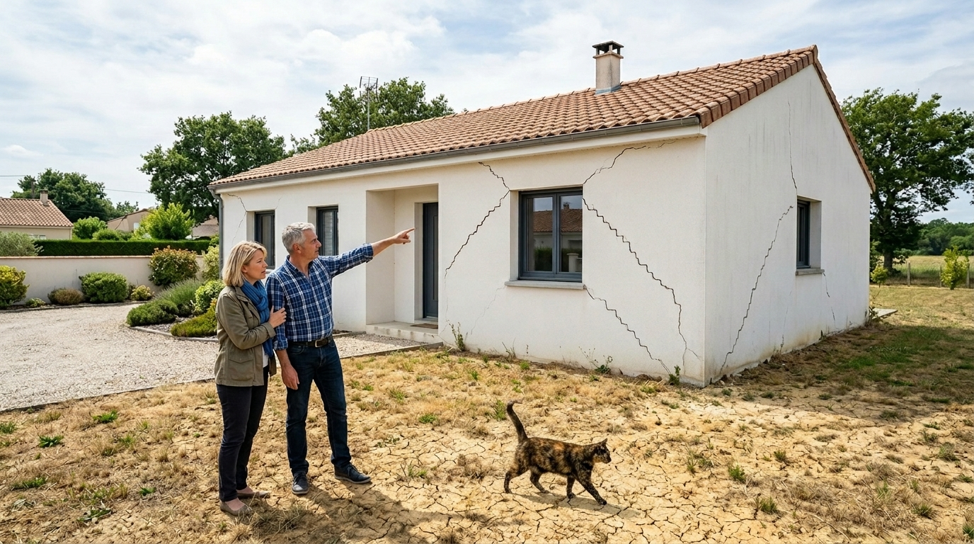 Fissure en escalier sur la façade d'une maison fondée sur un sol argileux soumis au retrait-gonflement