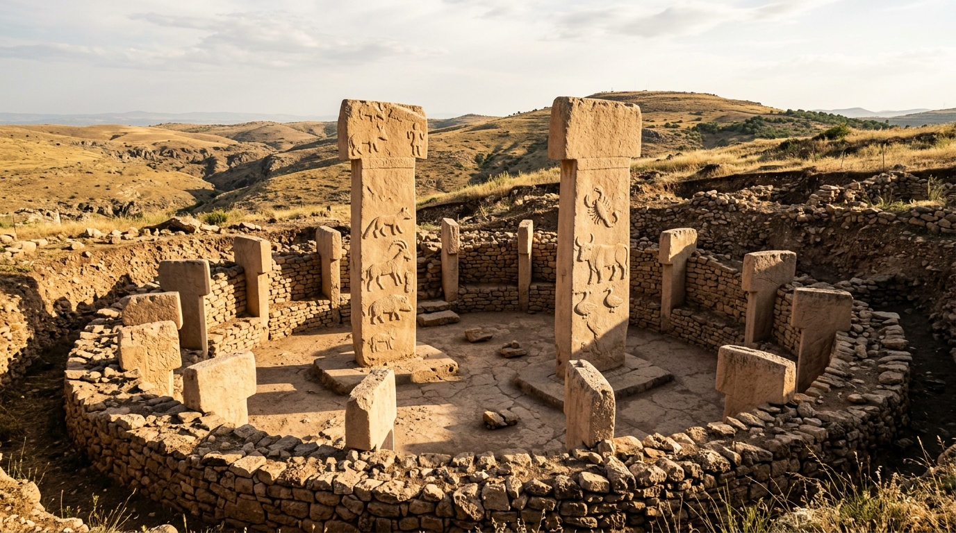 Illustration : reconstitution des enceintes à piliers en T de Göbekli Tepe