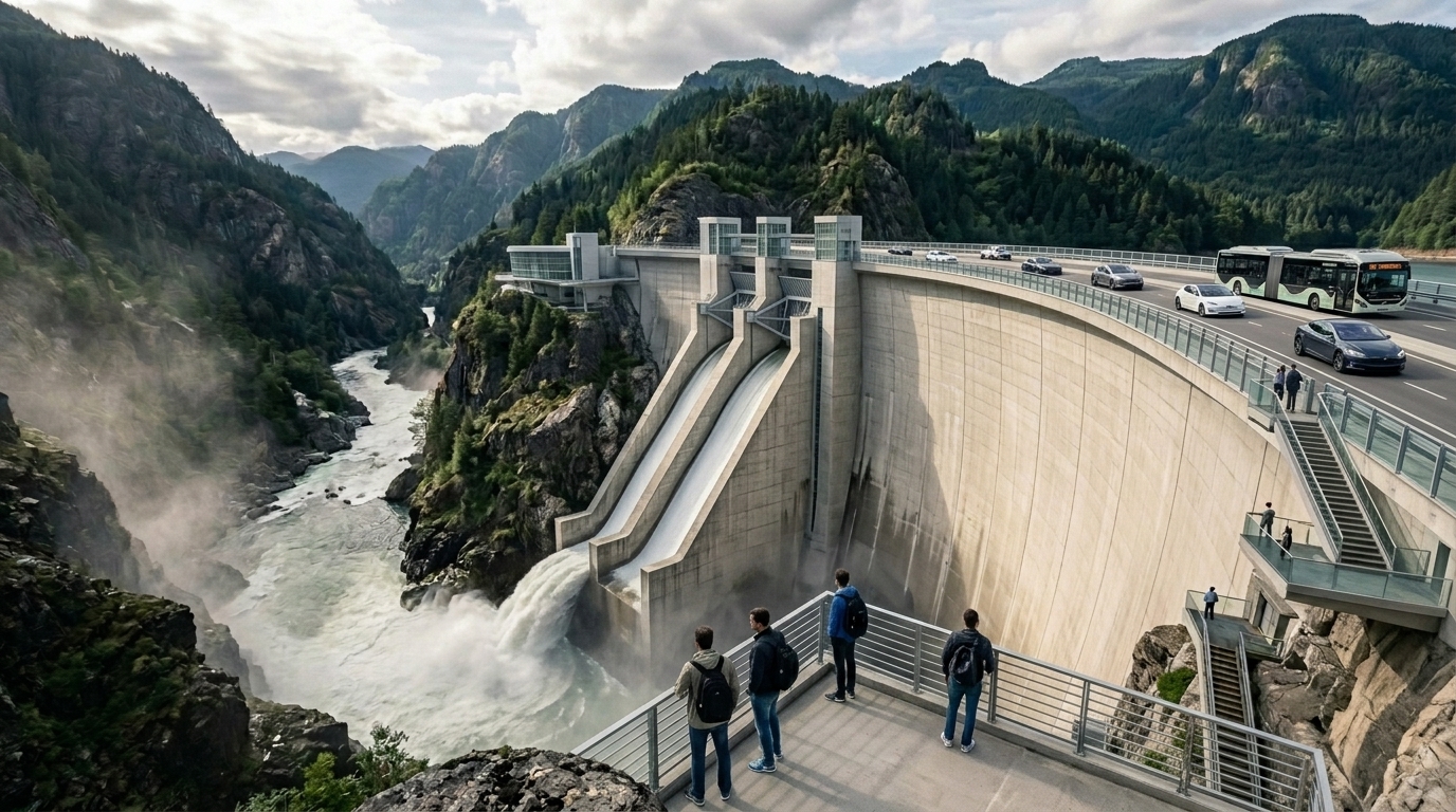 Illustration : barrage hydroélectrique dans un canyon himalayen au crépuscule