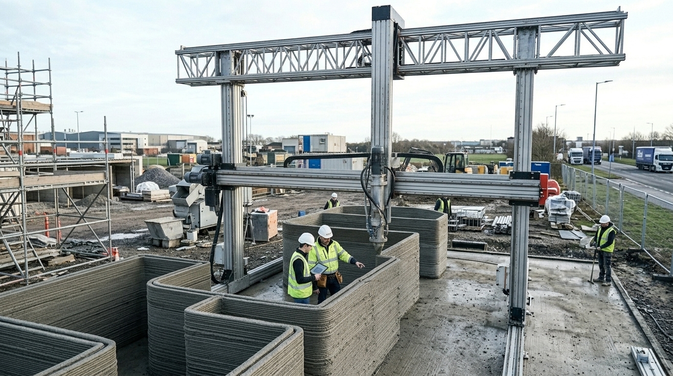Bras robotisé déposant un cordon de mortier couche par couche pour imprimer en 3D la paroi d'un bâtiment sur chantier