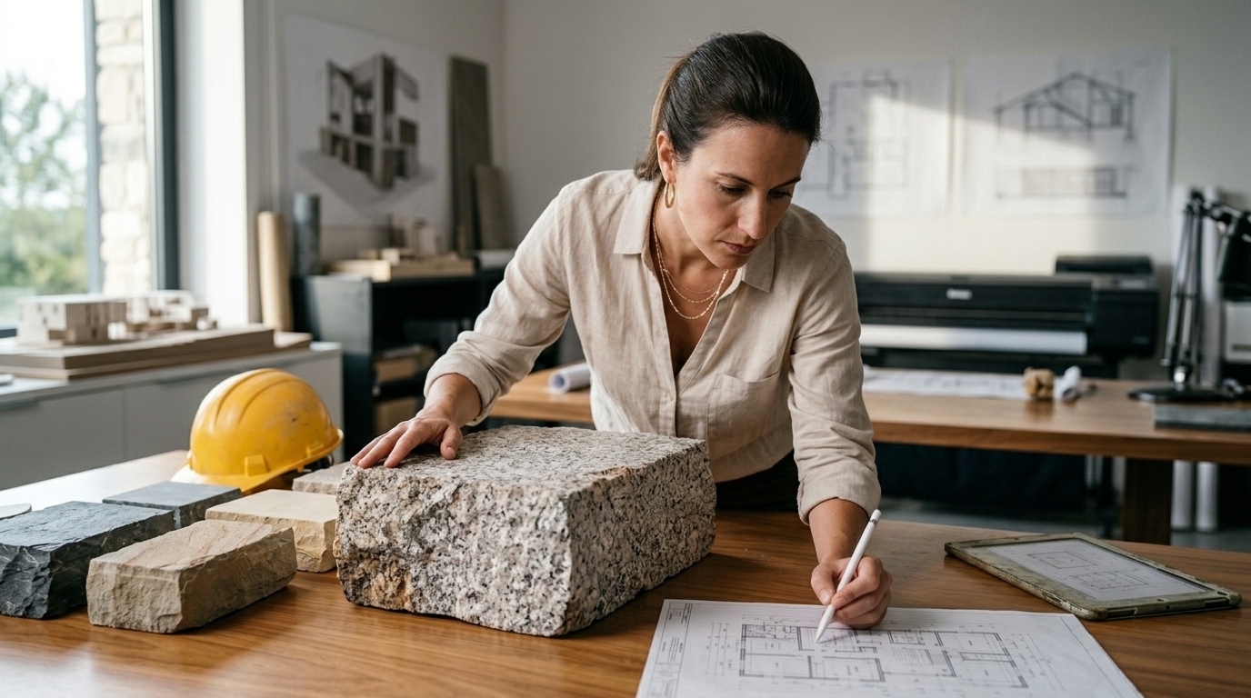 Ingénieure structure examinant des blocs de pierre brute — granite, grès, ardoise — posés sur sa table de travail à côté de plans de bâtiment