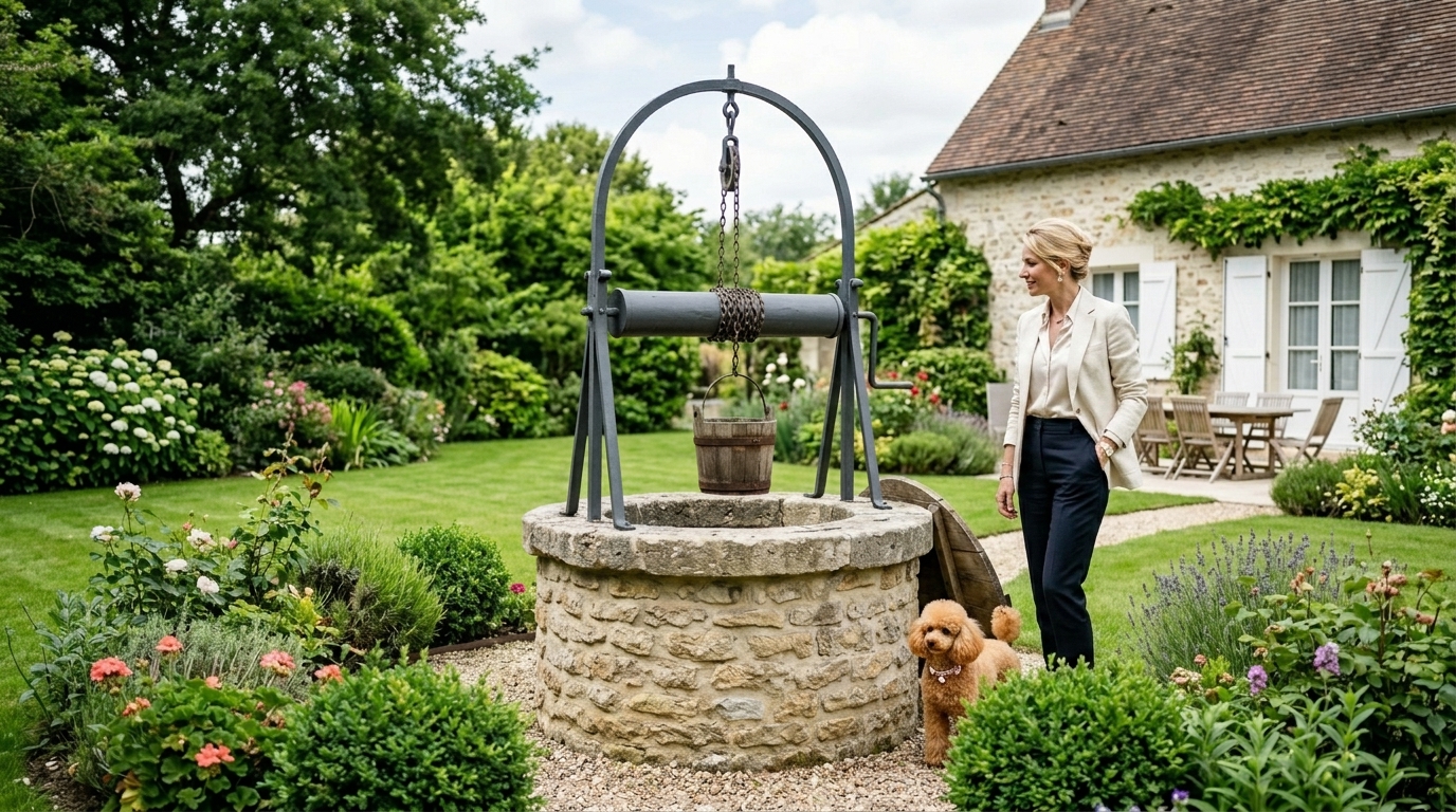 Puits de jardin domestique en anneaux de béton préfabriqués empilés, chez un particulier, avec margelle et dalle de couverture