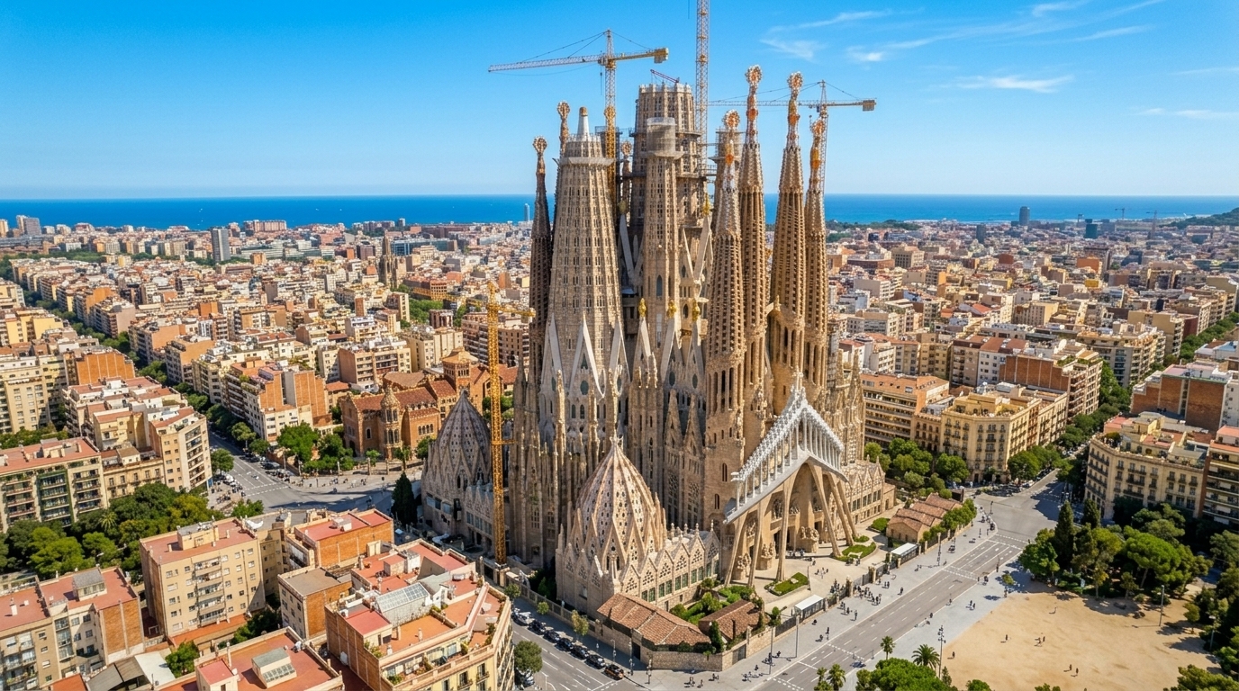 Illustration : la Sagrada Família et sa tour centrale dominant Barcelone au crépuscule