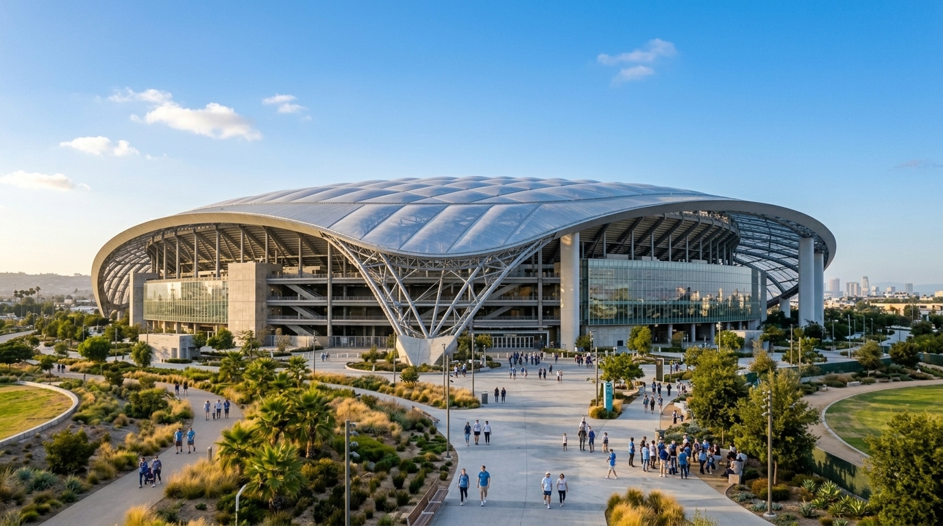 Illustration : le SoFi Stadium de Los Angeles et sa canopée translucide au crépuscule