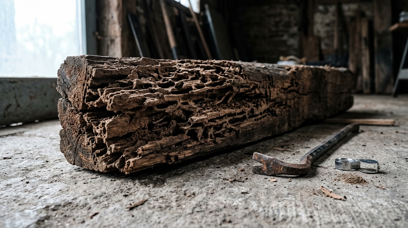 Charpente et solives en bois inspectées pour détecter une infestation de termites souterrains