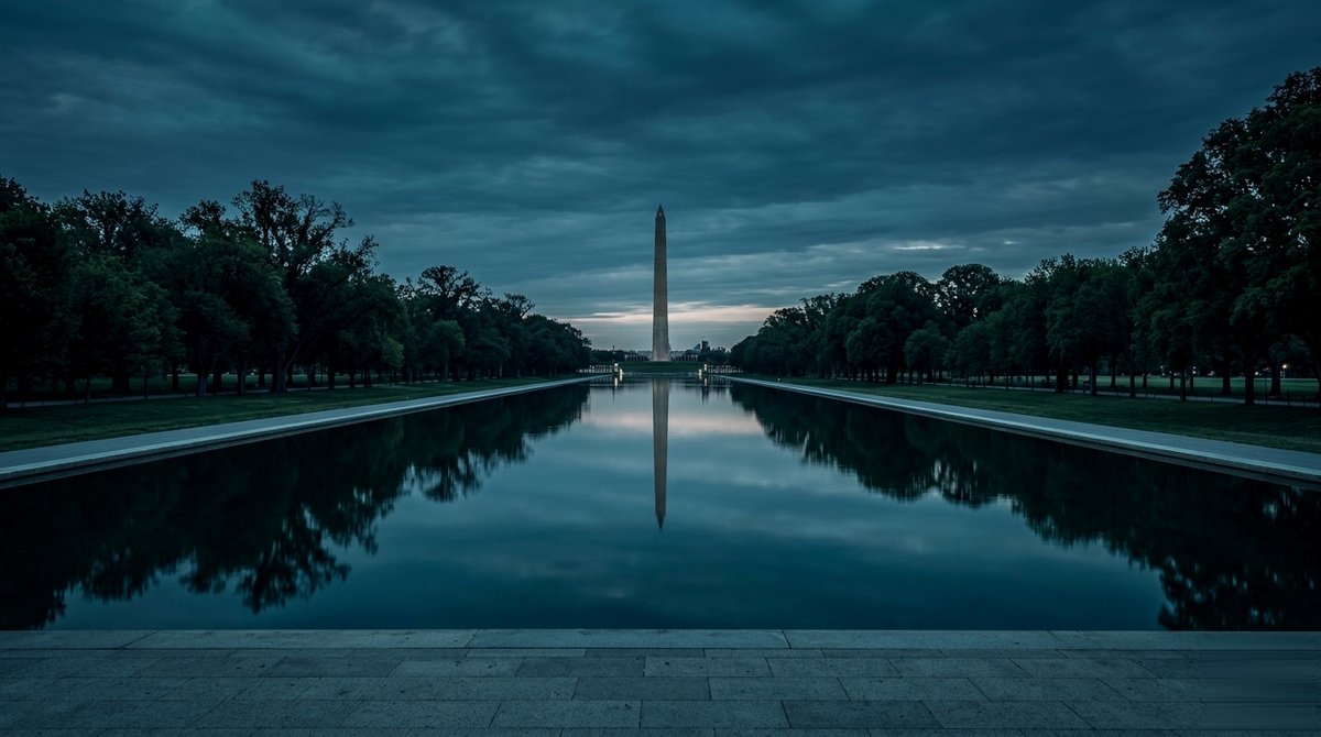 Illustration : long bassin réfléchissant avec obélisque, façon National Mall