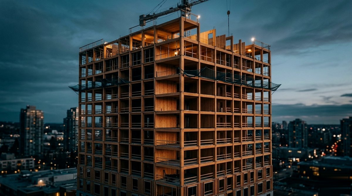 Illustration : tour en bois massif en construction au crépuscule